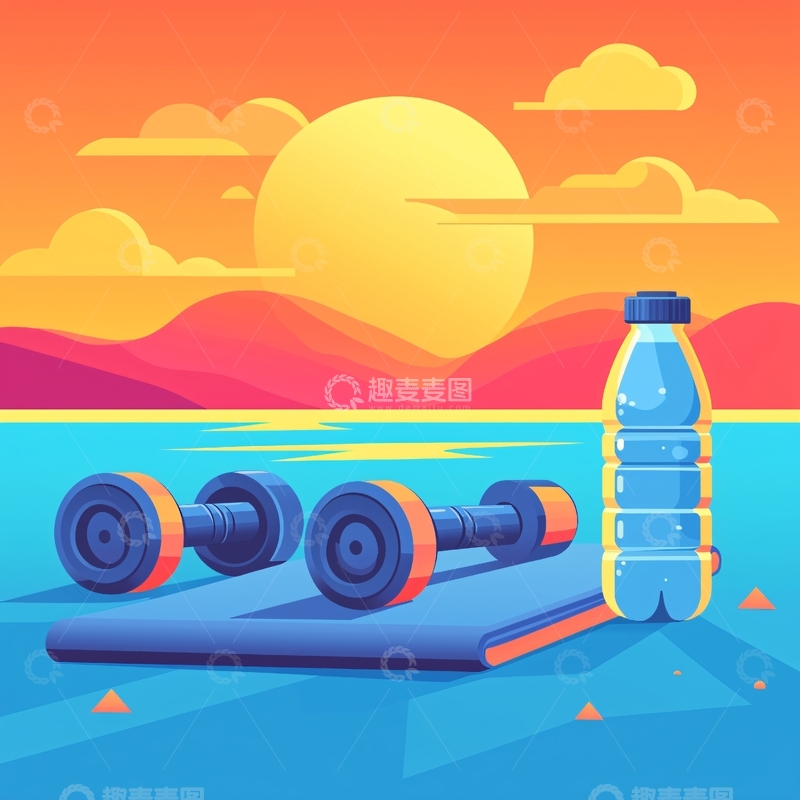 高清大图下载【趣麦麦图】海边运动健身哑铃水瓶