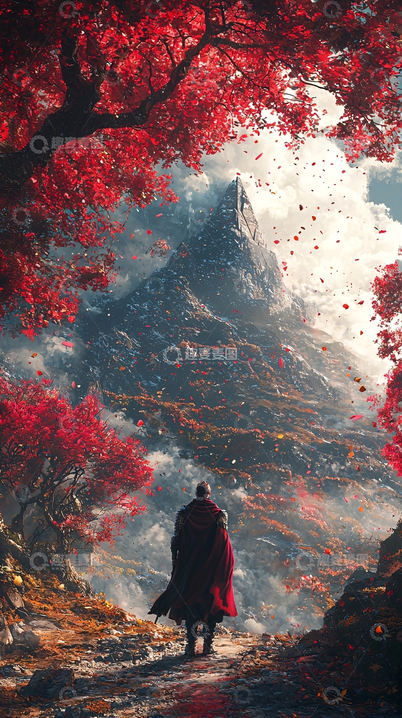 高清大图下载【趣麦麦图】红叶枫林山峰远景