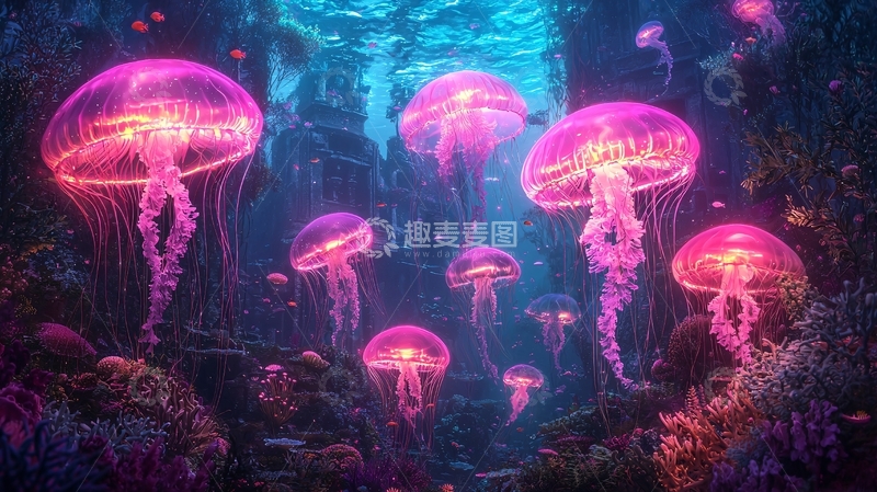 高清大图下载【趣麦麦图】梦幻粉色水母群