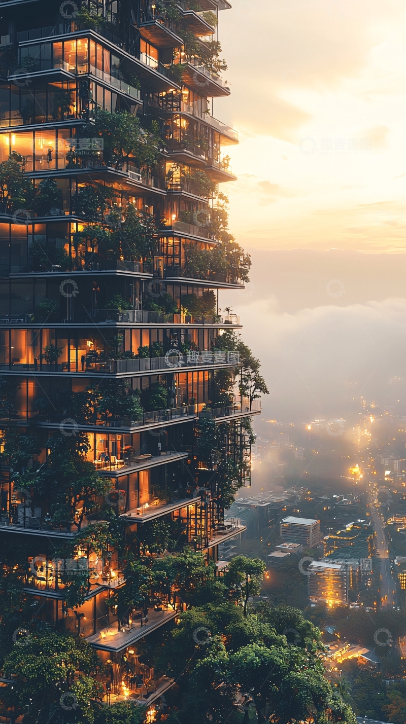 高清大图下载【趣麦麦图】夕阳下垂直绿化摩天大楼