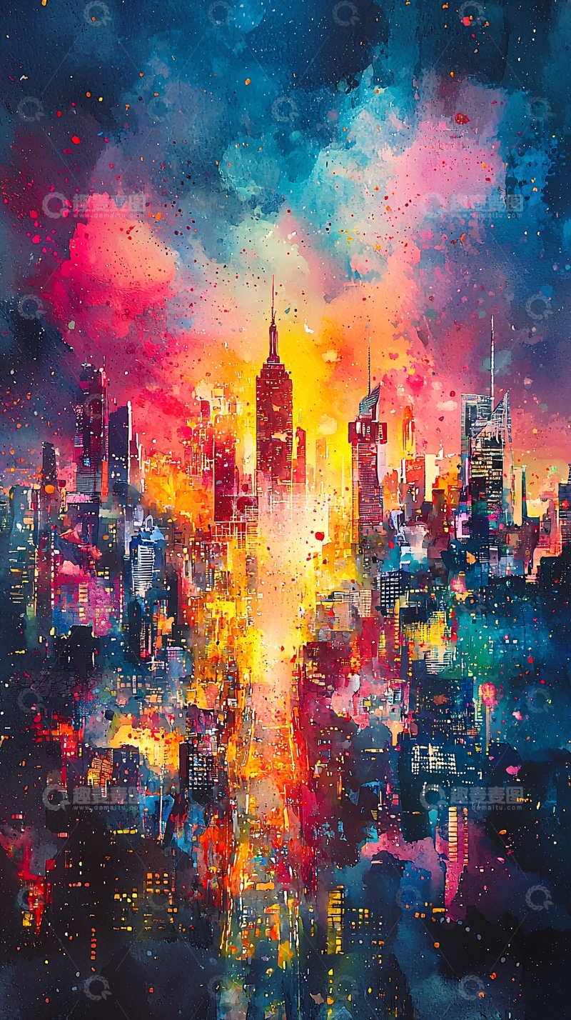高清大图下载【趣麦麦图】梦幻水彩城市夜景