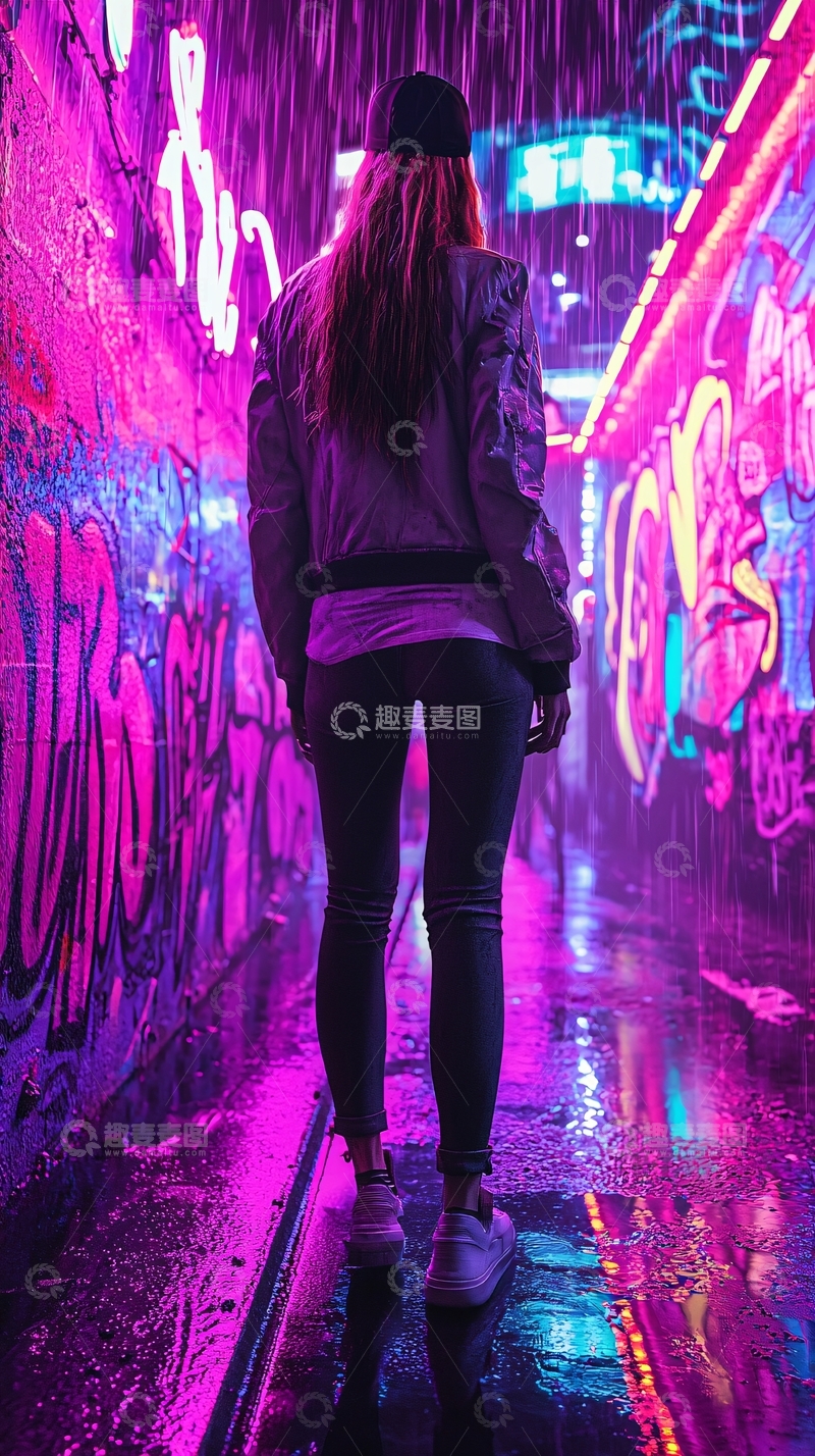 高清大图下载【趣麦麦图】霓虹灯下潮酷女孩