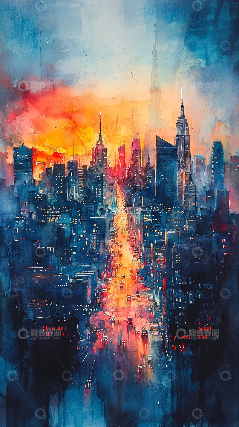 高清大图下载【趣麦麦图】水彩城市夜景