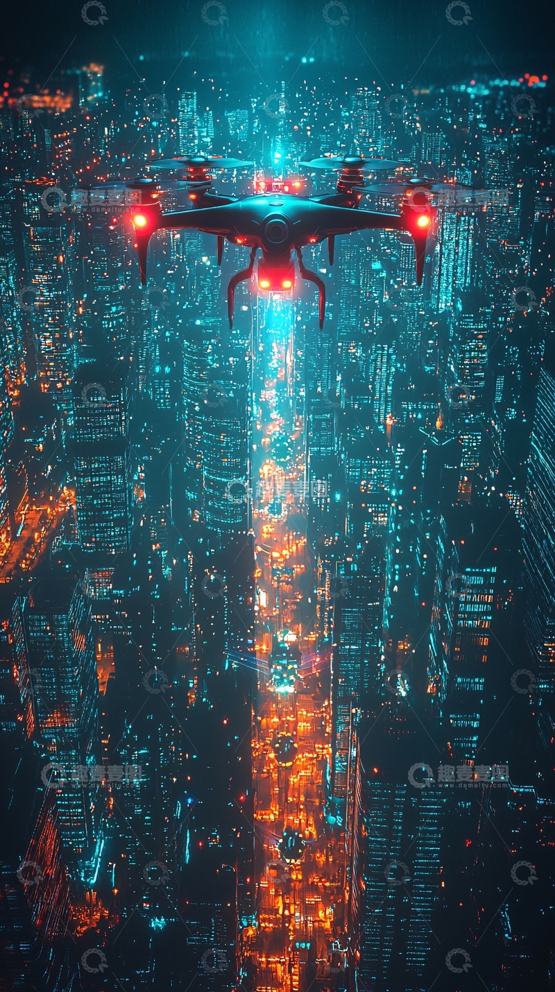高清大图下载【趣麦麦图】-夜空下无人机飞跃城市