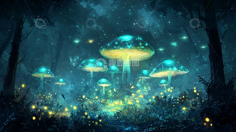 高清大图下载【趣麦麦图】夜晚森林发光蘑菇