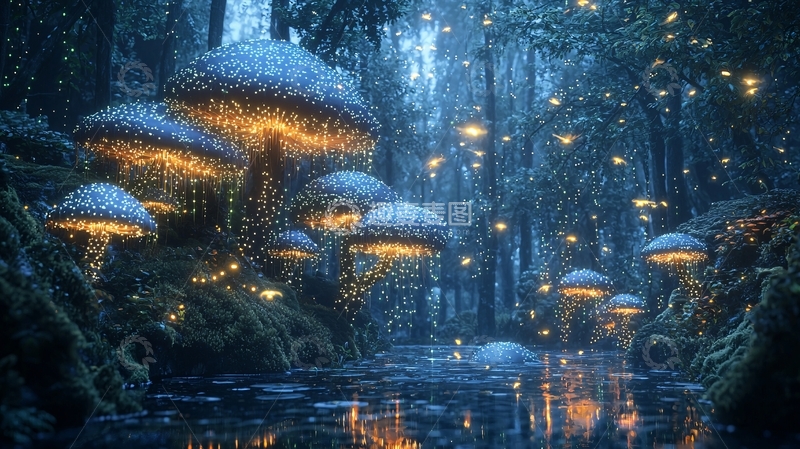 高清大图下载【趣麦麦图】雪夜发光蘑菇森林