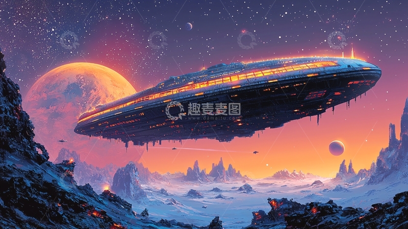 高清大图下载【趣麦麦图】科幻飞船飞过外星球