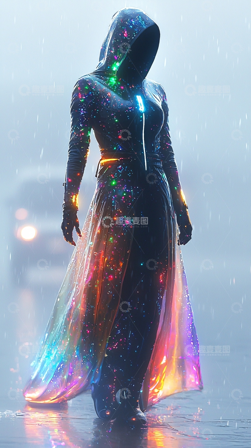 高清大图下载【趣麦麦图】雨中发光斗篷女子