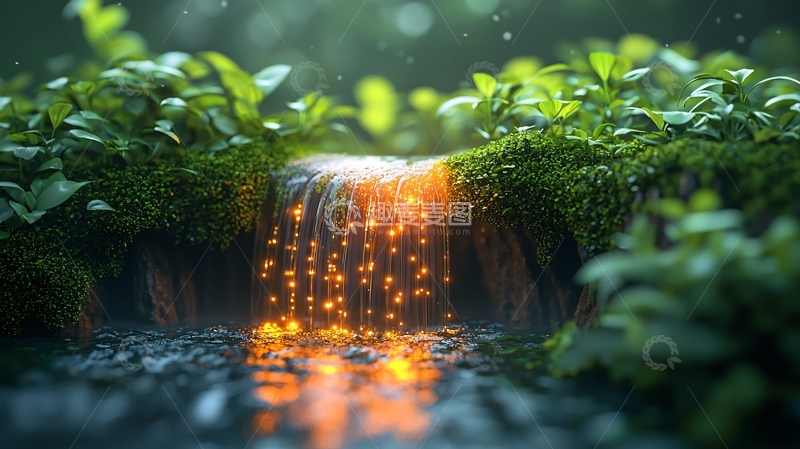 高清大图下载【趣麦麦图】绿植环绕的金色小瀑布