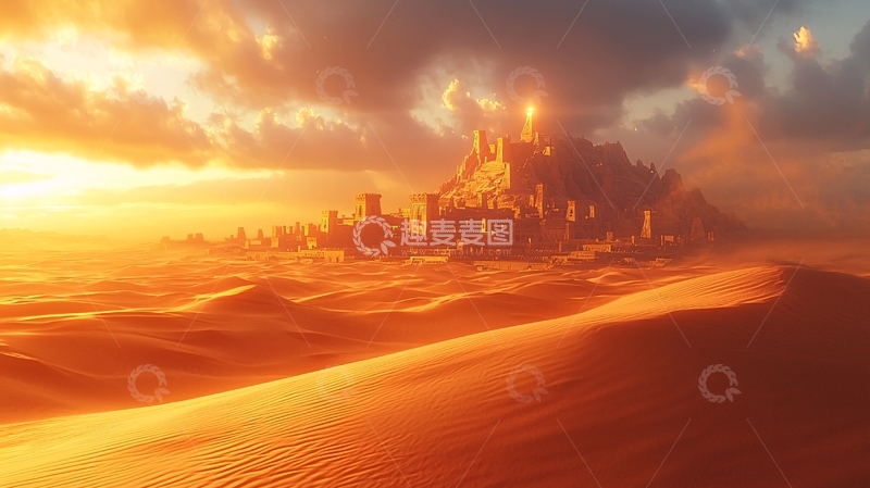 高清大图下载【趣麦麦图】沙漠黄昏古城