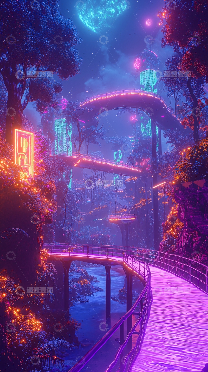 高清大图下载【趣麦麦图】梦幻霓虹森林夜景