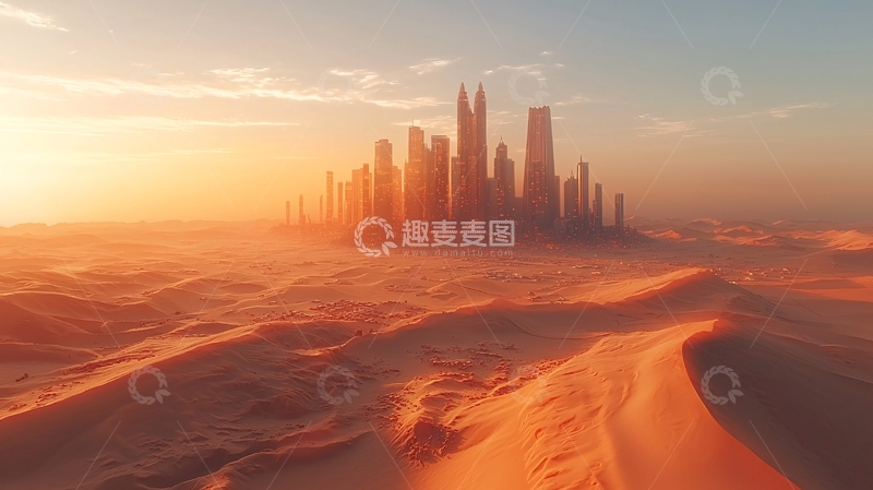 高清大图下载【趣麦麦图】沙漠城市日出