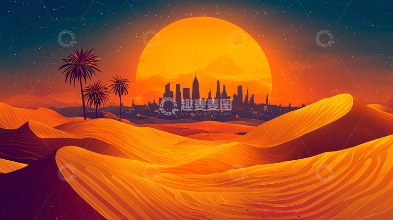 高清大图下载【趣麦麦图】沙漠城市日落