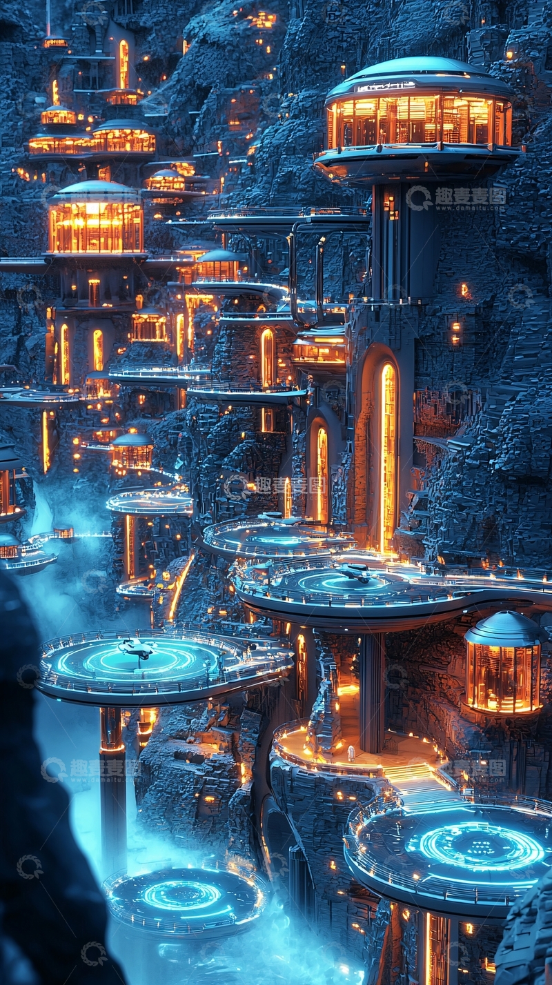 高清大图下载【趣麦麦图】山崖上的未来都市