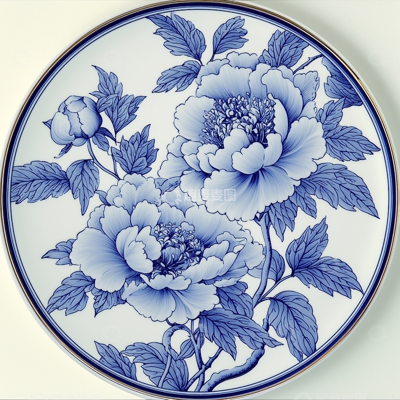 高清大图下载【趣麦麦图】蓝白瓷盘牡丹花纹