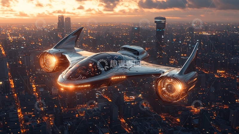 高清大图下载【趣麦麦图】未来都市飞船黄昏