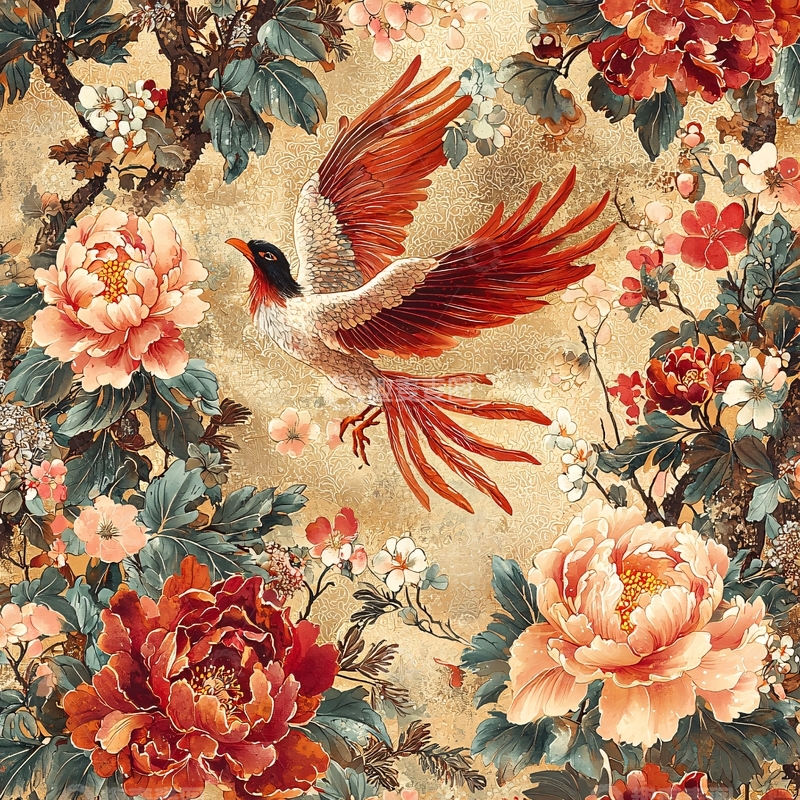 高清大图下载【趣麦麦图】红鸟飞翔牡丹花卉图