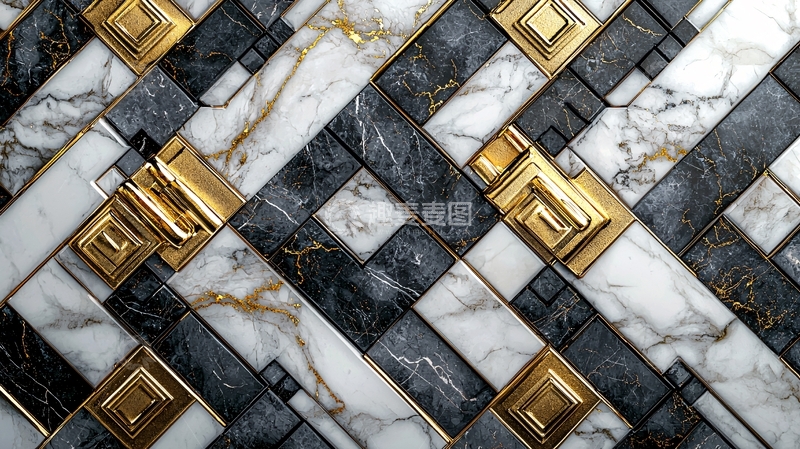 高清大图下载【趣麦麦图】黑白金大理石瓷砖拼接