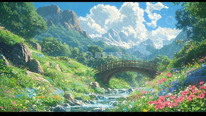 高清大图下载【趣麦麦图】山谷溪流木桥鲜花