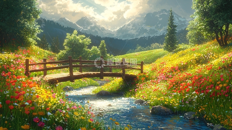 高清大图下载【趣麦麦图】山间小溪木桥鲜花