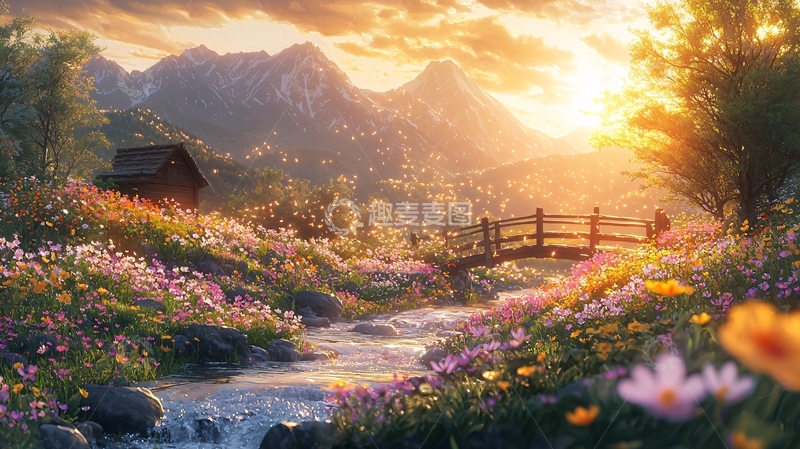 高清大图下载【趣麦麦图】山间小屋傍晚景色