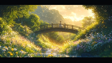 阳光下的木桥花海