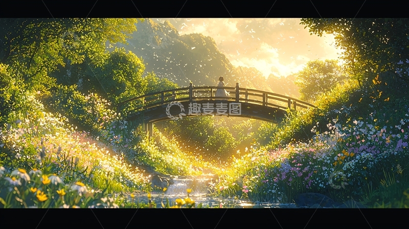 高清大图下载【趣麦麦图】阳光下的木桥花海