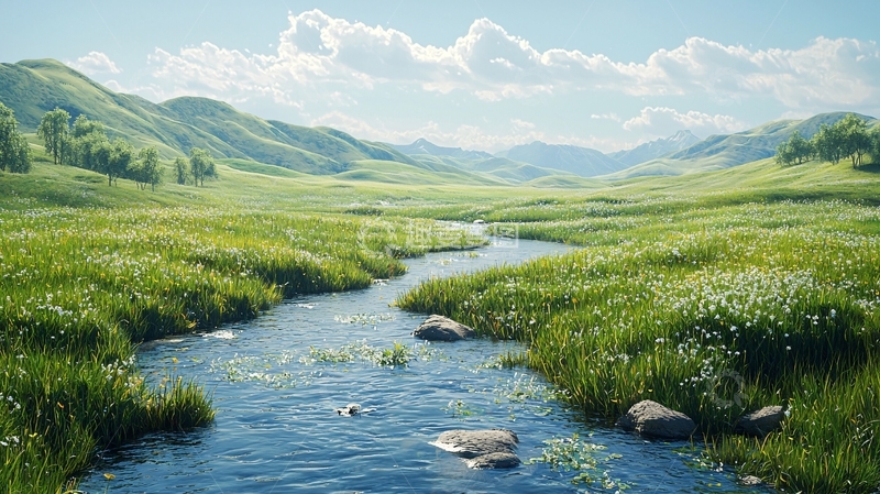高清大图下载【趣麦麦图】绿草如茵的溪流