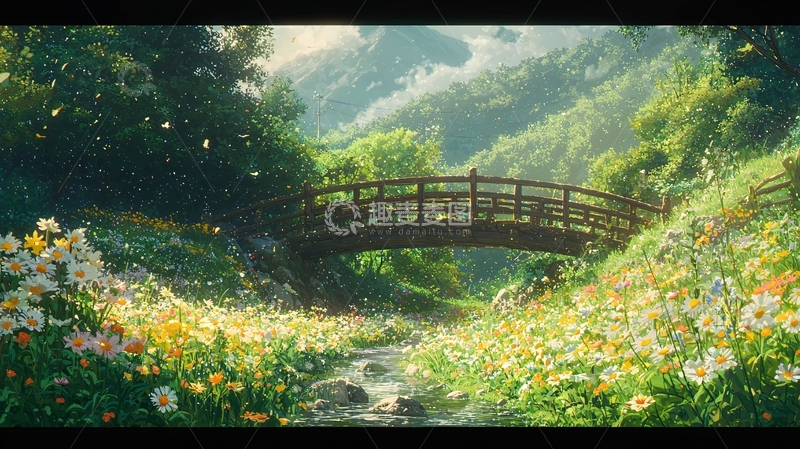 高清大图下载【趣麦麦图】梦幻花田小桥流水