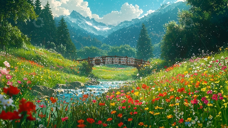 高清大图下载【趣麦麦图】山间小溪木桥鲜花田园