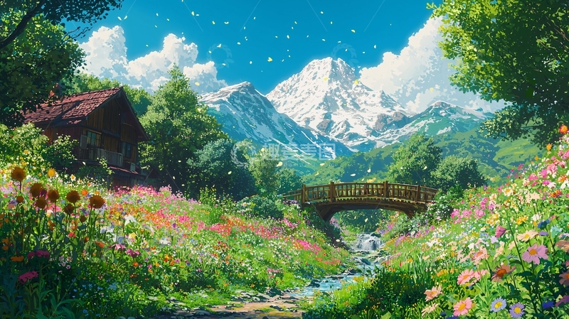 高清大图下载【趣麦麦图】山间小屋鲜花小溪