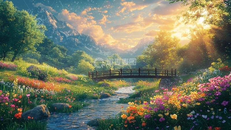 高清大图下载【趣麦麦图】山谷溪流彩虹桥花海