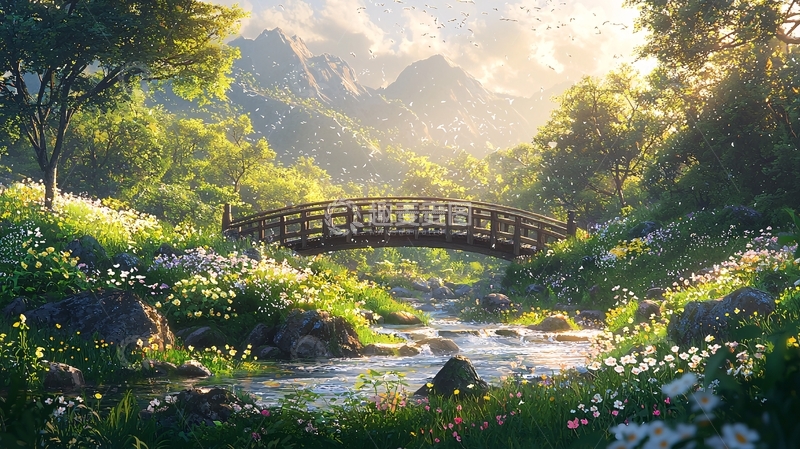 高清大图下载【趣麦麦图】阳光下的木桥溪流
