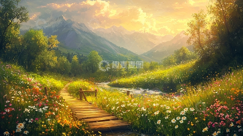 高清大图下载【趣麦麦图】山间小路花海夕阳
