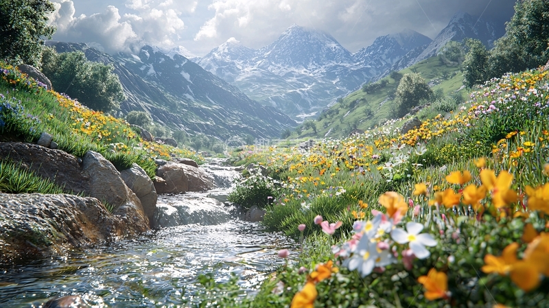 高清大图下载【趣麦麦图】山谷溪流野花盛开