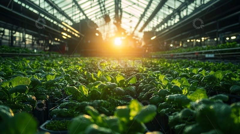 高清大图下载【趣麦麦图】日落下的温室蔬菜种植