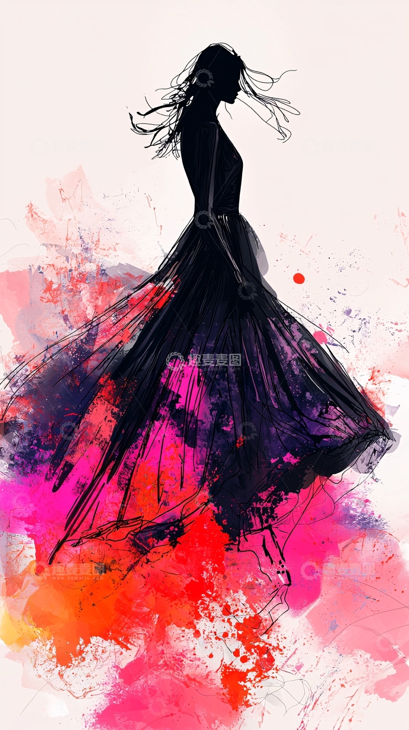 高清大图下载【趣麦麦图】水彩裙装女子剪影