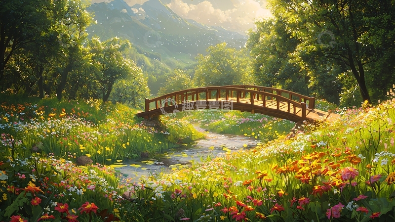 高清大图下载【趣麦麦图】阳光下的木桥溪流