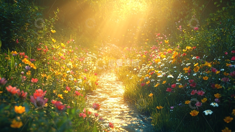 高清大图下载【趣麦麦图】阳光洒在花丛小径