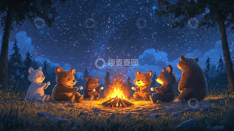高清大图下载【趣麦麦图】篝火旁的小熊们