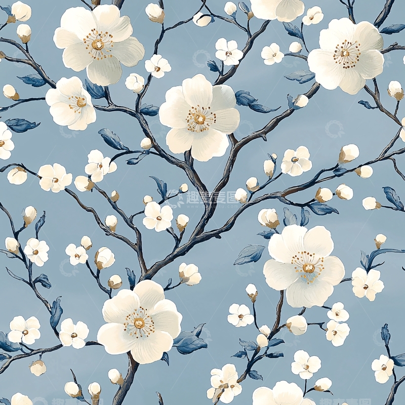 高清大图下载【趣麦麦图】蓝灰色背景白色梅花花纹