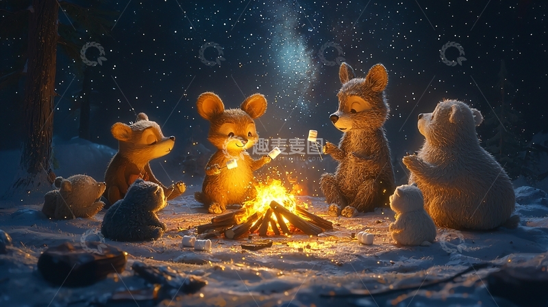 高清大图下载【趣麦麦图】森林篝火夜