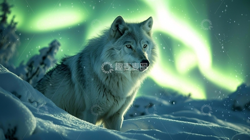 高清大图下载【趣麦麦图】极光下雪地里的白狼