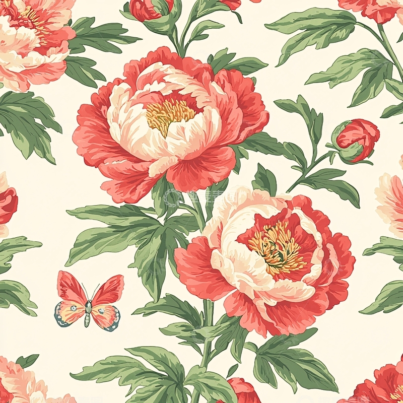 高清大图下载【趣麦麦图】珊瑚色牡丹花纹壁纸