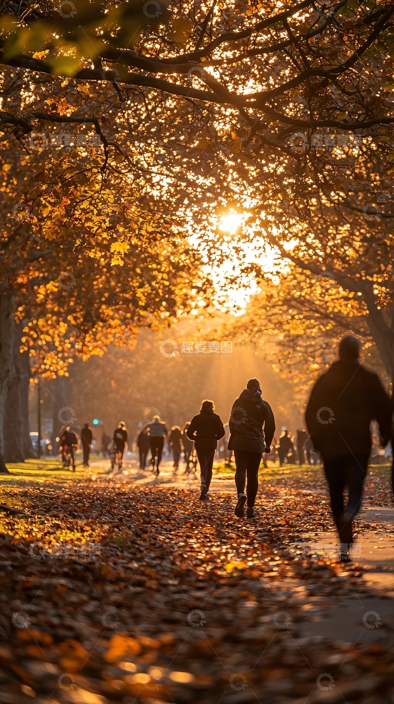 高清大图下载【趣麦麦图】秋日公园落叶步道人群剪影