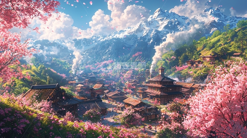 高清大图下载【趣麦麦图】山间樱花村庄