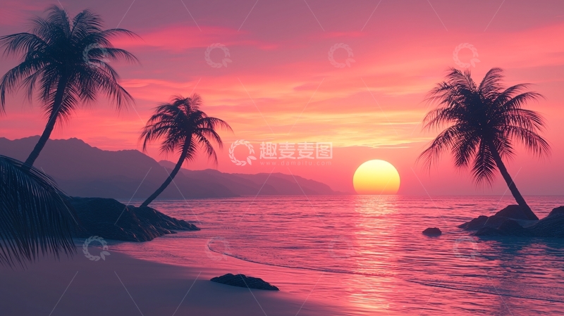 高清大图下载【趣麦麦图】粉色夕阳下的热带海滩