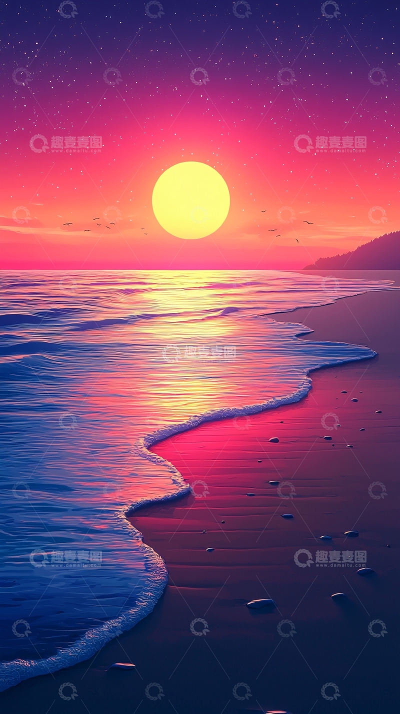 高清大图下载【趣麦麦图】梦幻粉色日落海滩