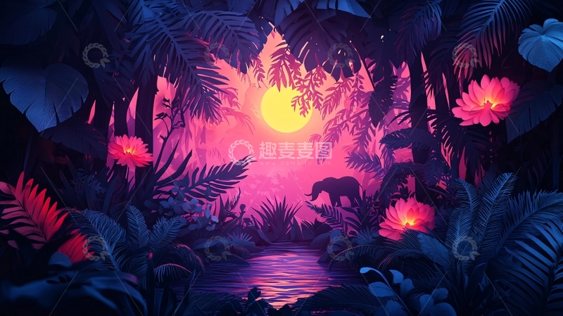 高清大图下载【趣麦麦图】热带雨林日落剪影