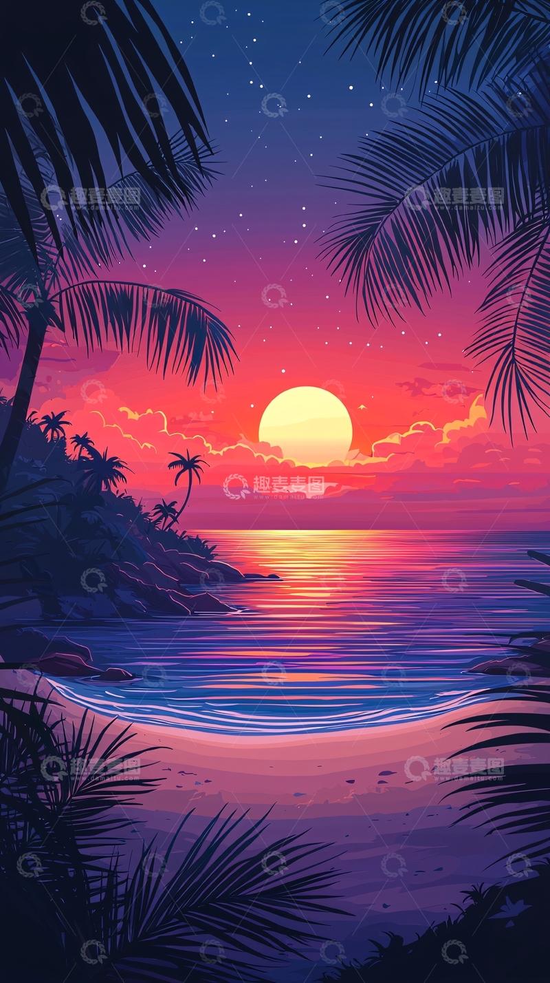 高清大图下载【趣麦麦图】热带海滩落日风景